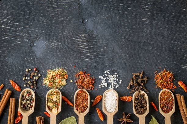 istock Various spices in wooden spoons  on dark wooden table 937206176