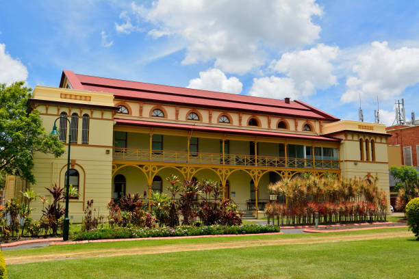 Maryborough, Queensland, Australia - December 21, 2017. Exterior view of Maryborough Courthouse historic building in Maryborough, QLD, with vegetation.