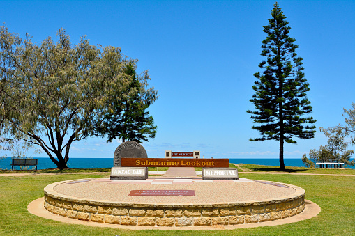 Bundaberg, Queensland, Australia - December 25, 2017. Anzac Day Memorial at Submarine Lookout point in Elliott Heads Memorial Park near Bundaberg in Queensland, Australia, with vegetation.