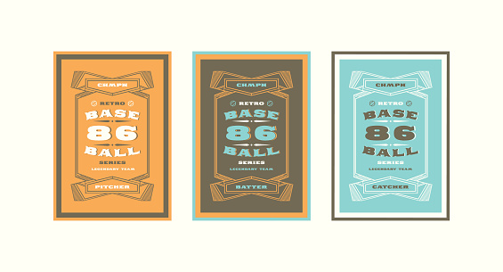 Set of baseball card design in vintage style. Player cards for pitcher, batter and catcher