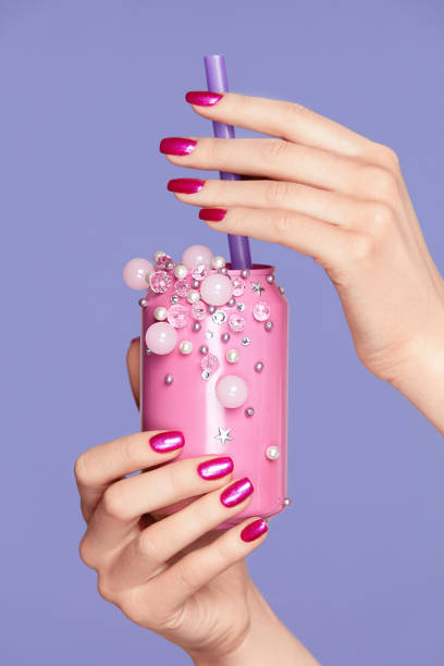 Pink Nails. Woman With Soda Can In Hands