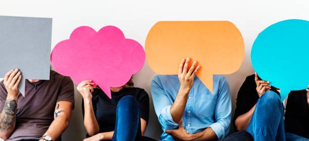 istock Group of diverse people with speech bubbles icons 937216676