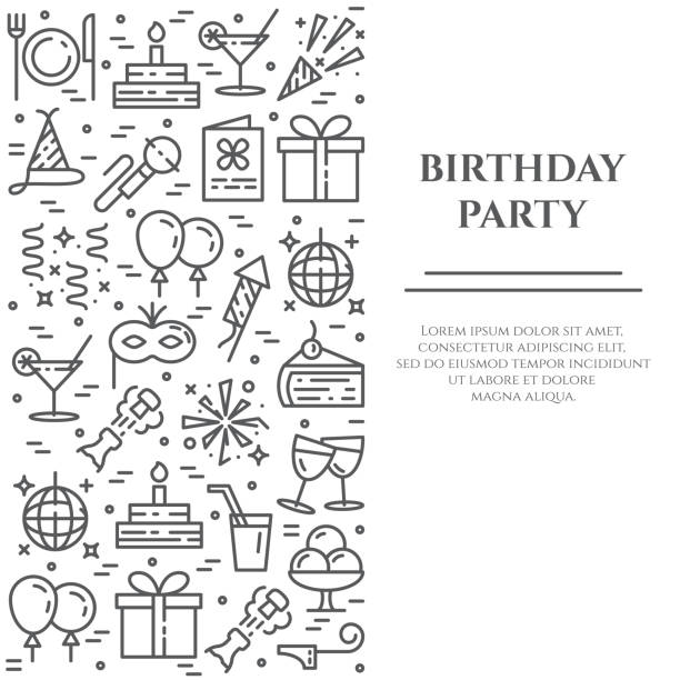 ilustraciones, imágenes clip art, dibujos animados e iconos de stock de banner de cumpleaños fiesta tema de los iconos de línea con trazo editable en forma de rectángulo. - food and drink holidays and celebrations isolated objects birthdays