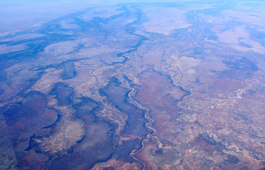 Aerial view of desert landscape in Australian outback.