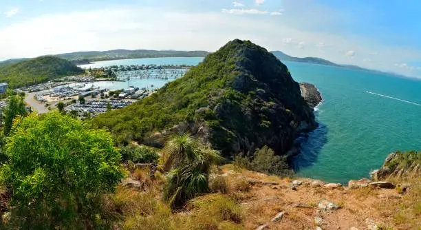 Photo of View over northern section of Double Heads volcanic outcrop protecting Rosslyn Bay Marina in Rosslyn, Queensland, Australia.