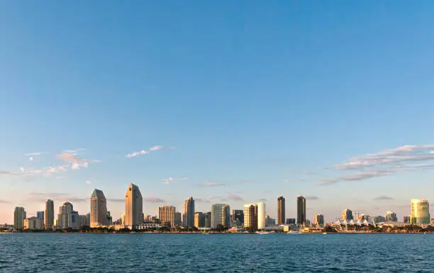 Skyline of San Diego at sunset, USA. Buildings and skyscrapers in California. Concept for travelling and business with copyspace
