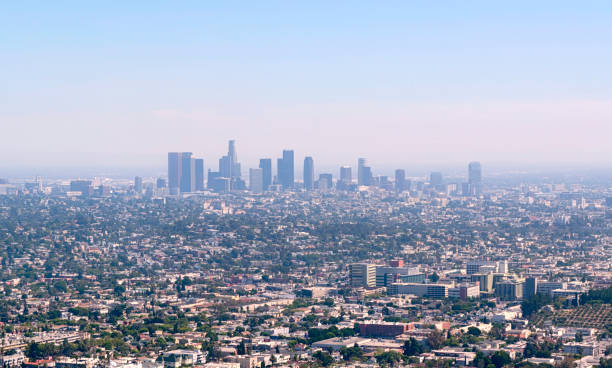 istock Los Angeles skyline with blue sky copyspace 937222158