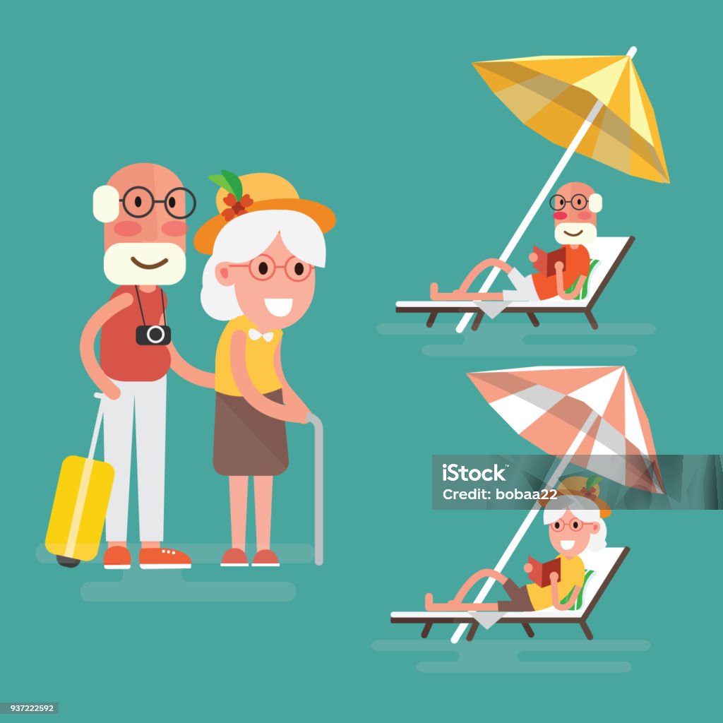 Elderly couple having summer vacation at the beach Flat Design Beach stock vector