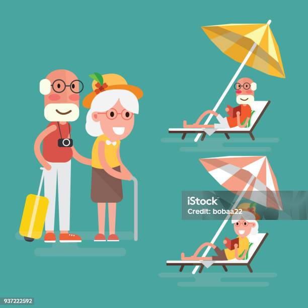 Elderly Couple Having Summer Vacation At The Beach Stock Illustration - Download Image Now - Beach, Illustration, Retirement