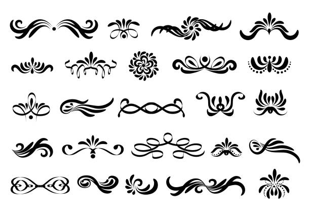 закрученные линии локон моделей изолированы на белом фоне - flourishes tattoo scroll ornate stock illustrations