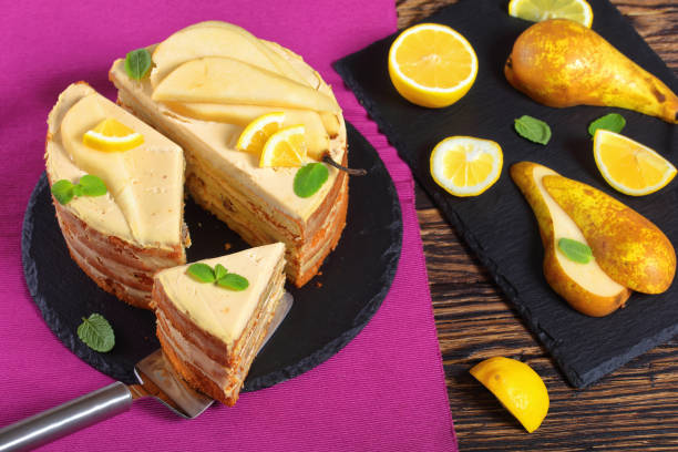 istock sliced homemade pear sponge cake, top view 937224952
