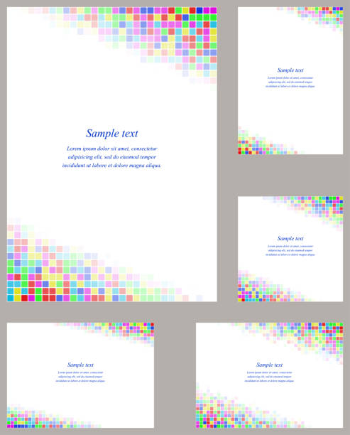 Square mosaic page corner design template set Multicolor square mosaic page corner design template set colorful page borders stock illustrations
