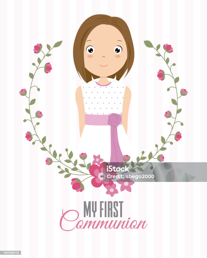 my first communion girl my first communion girl. beautiful girl with communion dress and flower frame Communion stock vector