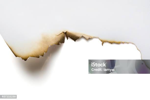Close Up Edges White Paper Burns With Shadow On White Backgrounds And Text Copy Space Stock Photo - Download Image Now