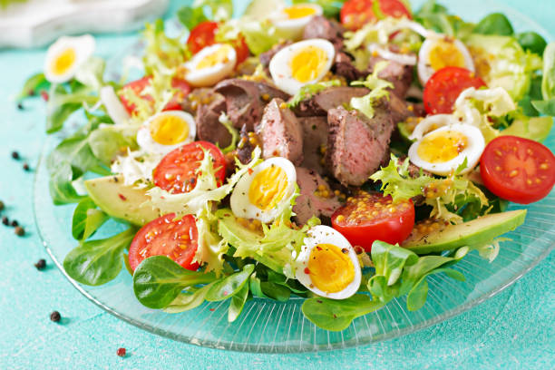 istock Warm salad from chicken liver, avocado, tomato and quail eggs. Healthy dinner. Dietary menu. 937233656