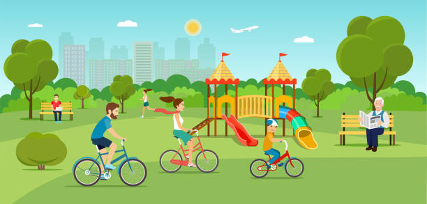 Family riding a bicycle Running girl in the park. Playground. Vector flat illustration Family riding a bicycle Grandfather sitting on the bench and reading newspaper Young man sitting on the bench and working with laptop and Running girl in the park. Playground. Vector flat illustration expressing positivity park environment nature stock illustrations