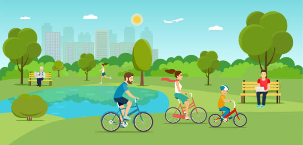 Family riding a bicycle  in the park. Vector flat illustration Family riding a bicycle Grandfather sitting on the bench and reading newspaper Young man sitting on the bench and working with laptop and Running girl in the park. Vector flat illustration family vacation stock illustrations