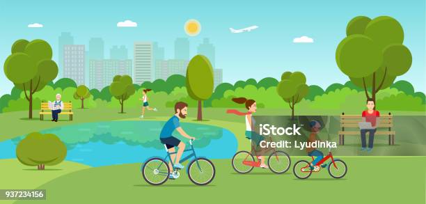 Family Riding A Bicycle In The Park Vector Flat Illustration Stock Illustration - Download Image Now