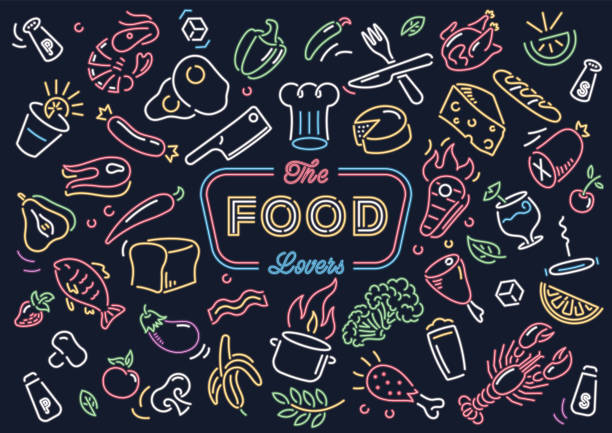 Neon food vector art illustration It's a vector illustration depicting different food ingredients as fruit and meat for those who love to cook meat backgrounds stock illustrations