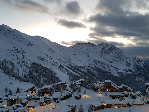 Winter early evening in mountain village in Avoriaz France