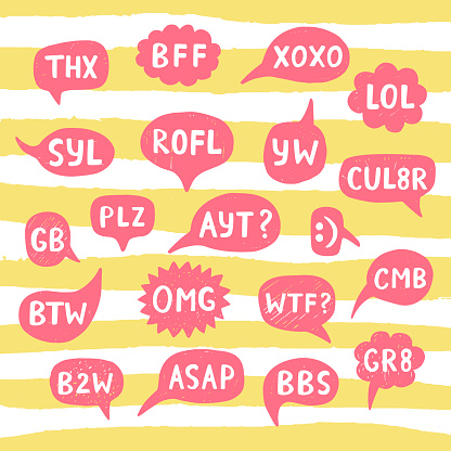Hand Drawn Internet Acronyms, Abbreviations in Chat Bubbles. Networking and conversation. Vector illustration