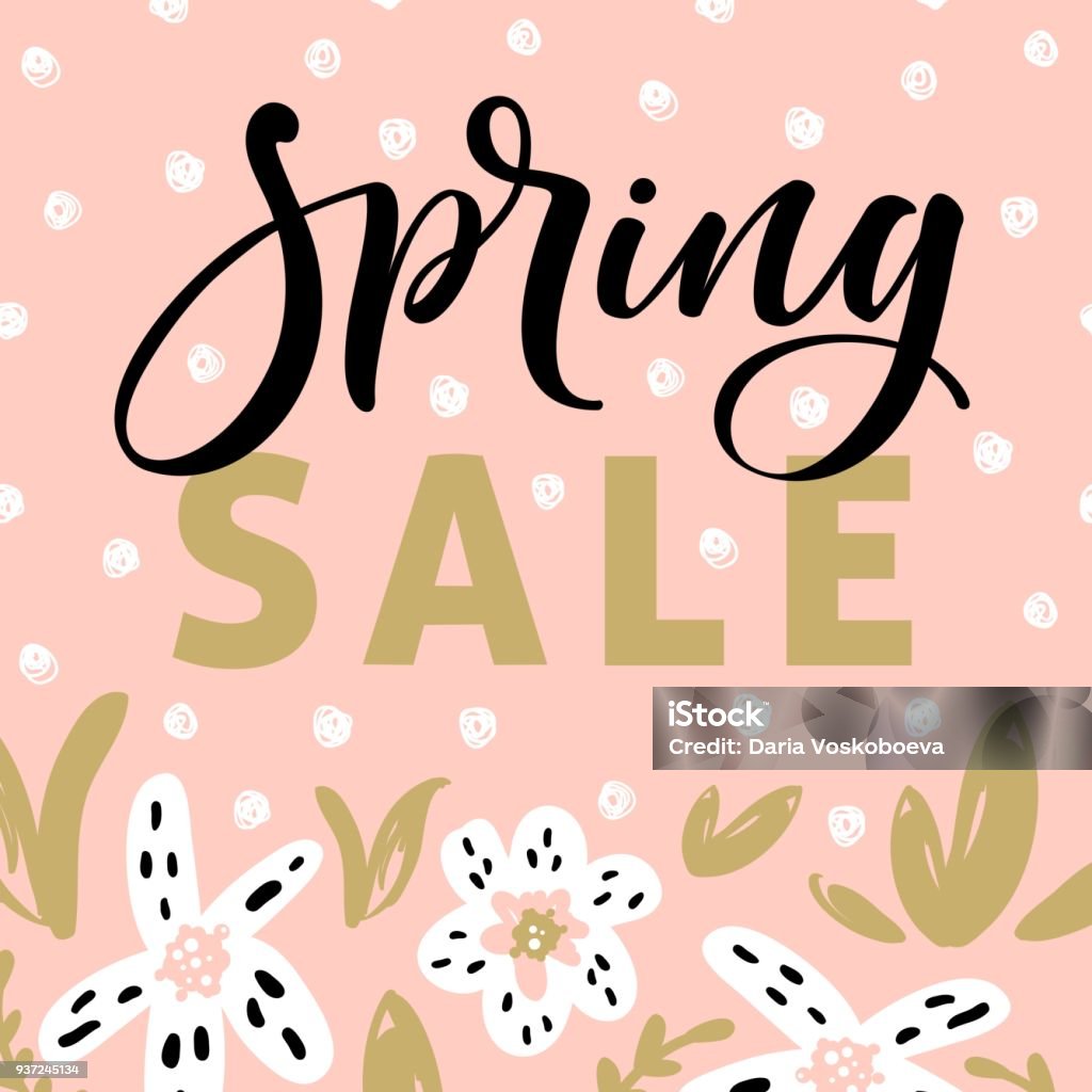 Spring sale banner template with blossom flowers and modern brush calligraphy for online shopping, vector illustration. Advertisement stock vector