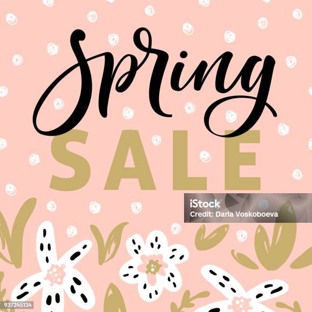 Spring Sale Banner Template With Blossom Flowers And Modern Brush Calligraphy For Online Shopping Vector Illustration Stock Illustration - Download Image Now