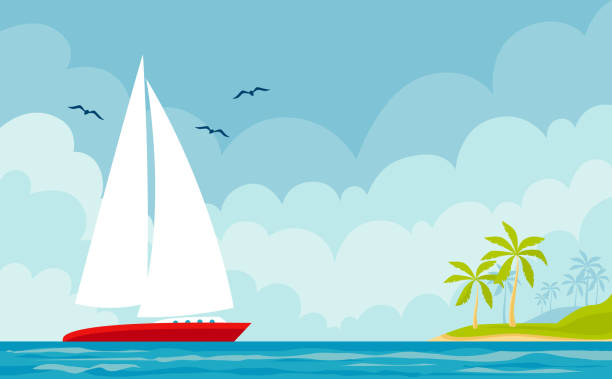 Vector seascape with boat and an island Vector illustration of a boat and summer marine landscape with an island. sailboat stock illustrations