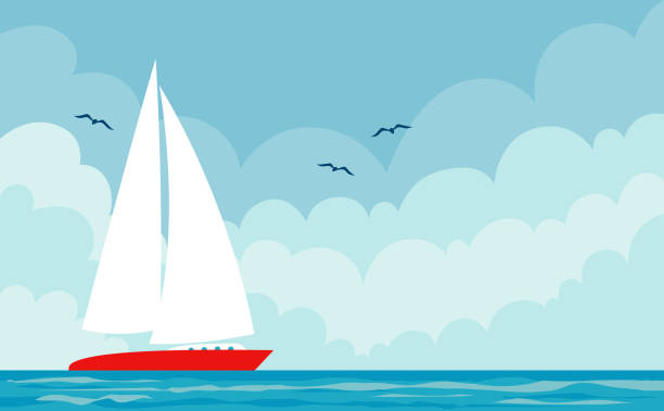 ilustraciones, imágenes clip art, dibujos animados e iconos de stock de paisaje marino de vector con barco - sailboat