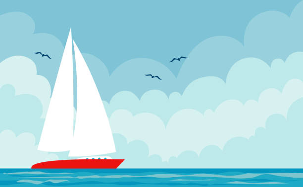 wektorowy pejzaż morski z łodzią - sailboat stock illustrations