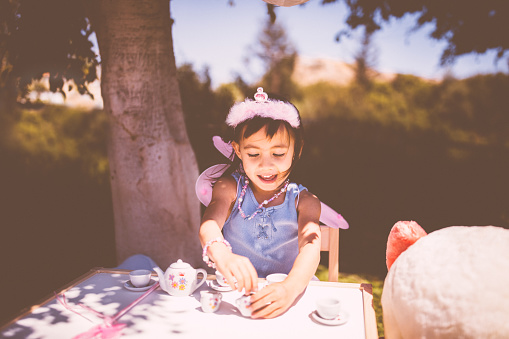 Cute little Asian girl having a make-believe tea party with toys in the garden