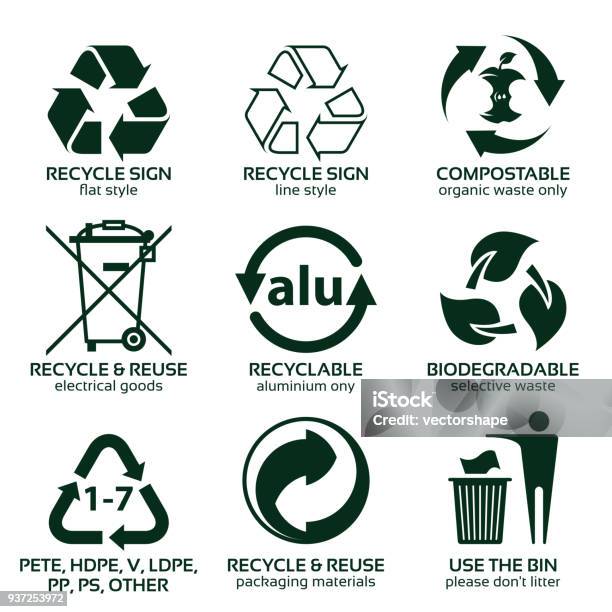 Flat Icon Set For Green Eco Packaging Stock Illustration - Download Image Now - Recycling, Icon Symbol, Packaging