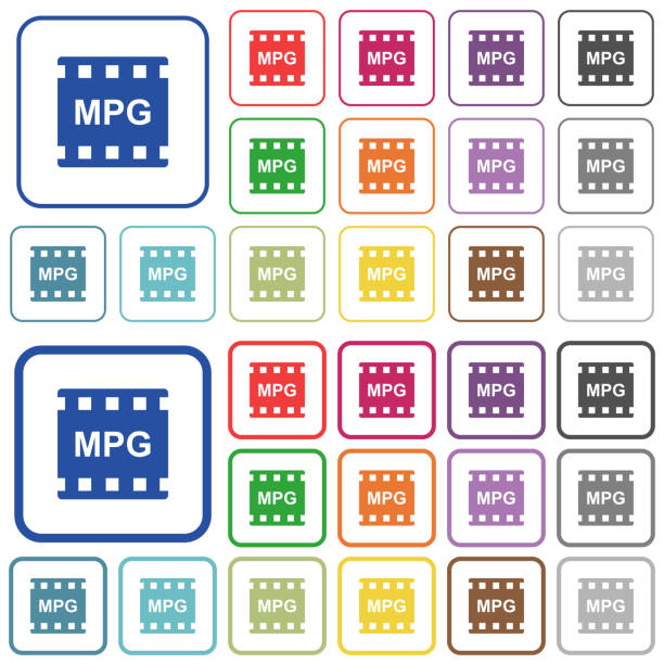 ilustraciones, imágenes clip art, dibujos animados e iconos de stock de formato mpg indica los iconos de color plano - película imagen en movimiento