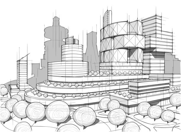 Hand drawn black and white architecture Vector illustration of the architectural design. In the style of drawing. (ai 10 eps with transparency effect) sod roof stock illustrations