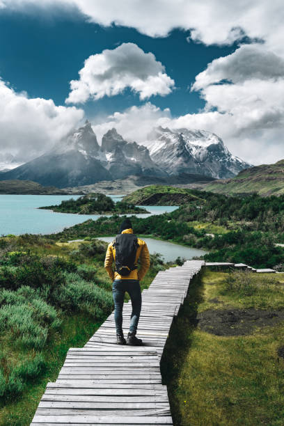 man hiking at torres del paine - chile man hiking at torres del paine - chile patagonia chile photos stock pictures, royalty-free photos & images