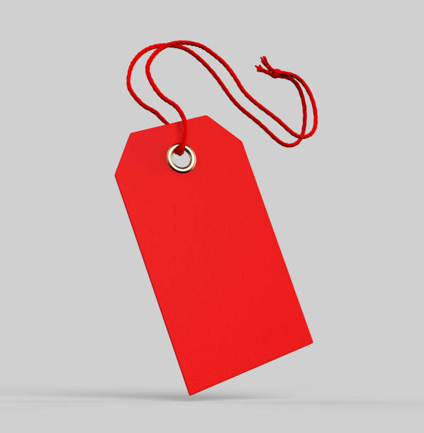 Blank tag tied with string. Price tag, gift tag, sale tag, address label isolated on grey background. 3d render illustration