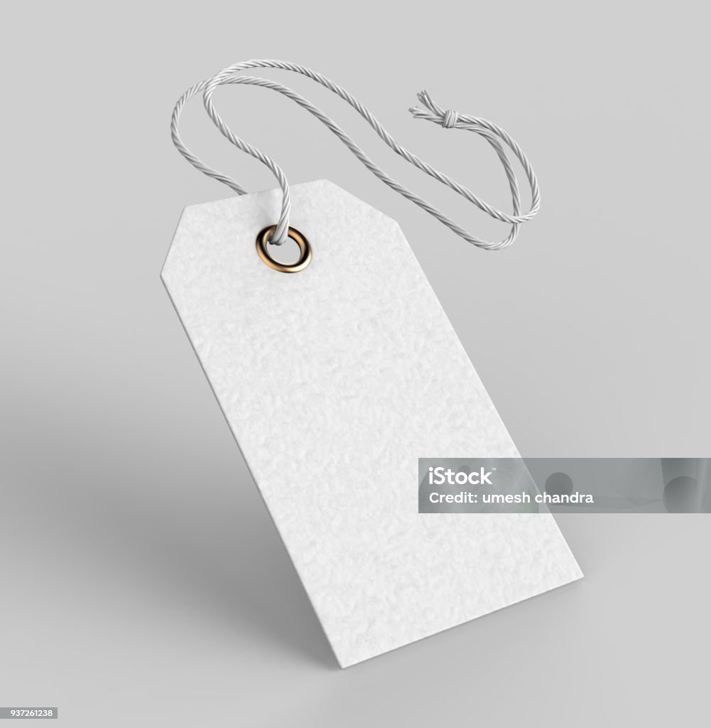 Blank tag tied with string. Price tag, gift tag, sale tag, address label isolated on grey background. 3d render illustration Blank tag tied with string. Price tag, gift tag, sale tag, address label isolated on grey background. Label Stock Photo