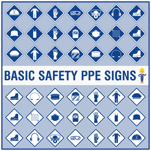 안전 표지판 및 경고에 대 한 기호의 설정 하 고 그들의 개인 보호 장비 (ppe)를 착용 하는 모든 ��근로자를 생각나 게. - protective eyewear safety glasses protection stock illustrations