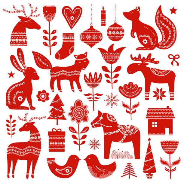 рождественская рука обращается элементы в скандинавском стиле - dala horse stock illustrations