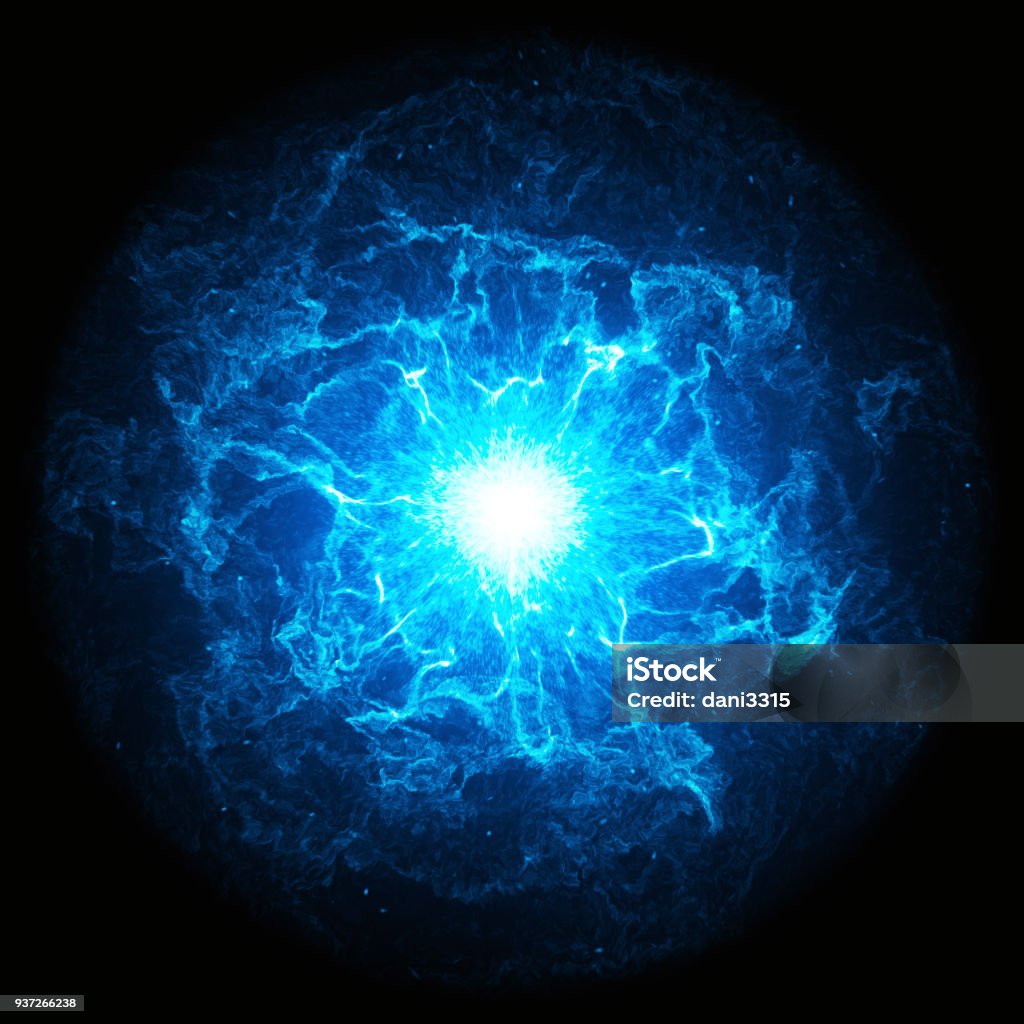 Boule d’énergie bleue rougeoyante sur fond noir - Illustration de Électricité libre de droits