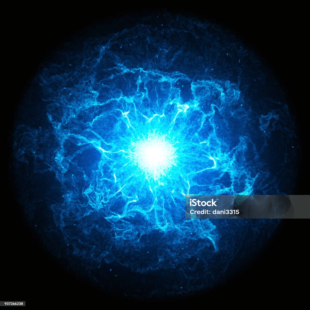 Blue glowing energy ball on black background Electricity stock illustration