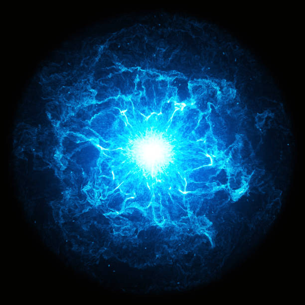 Blue glowing energy ball on black background Blue glowing energy ball on black background lightning backgrounds stock illustrations