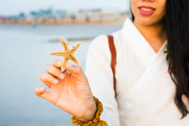 Female holding a starfish on the beach at sunset