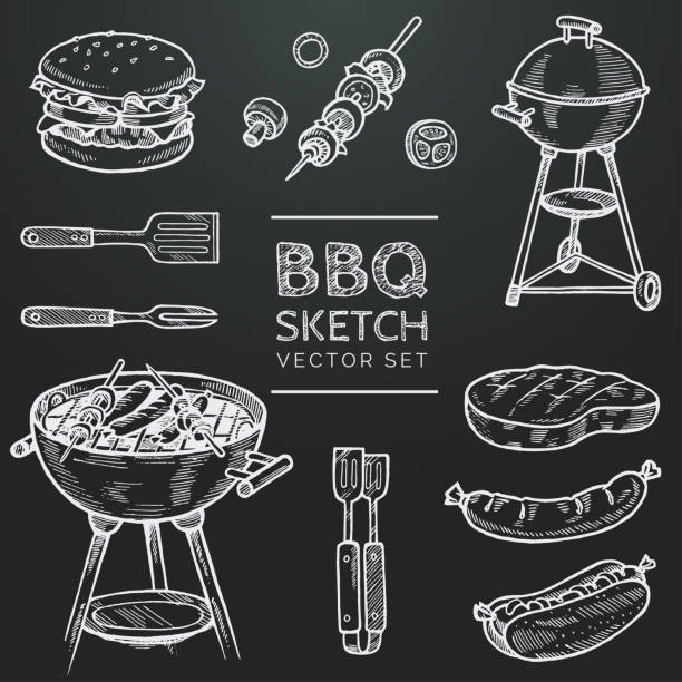 vektor kreide skizze grillset. die hand gezeichnete grill, hamburger, spieß, hot-dog, steak, wurst. zum grillen von doodle abbildung eingestellt. bbq party handgezeichneten design-elemente. eps-10 - barbecue grill illustrations stock-grafiken, -clipart, -cartoons und -symbole