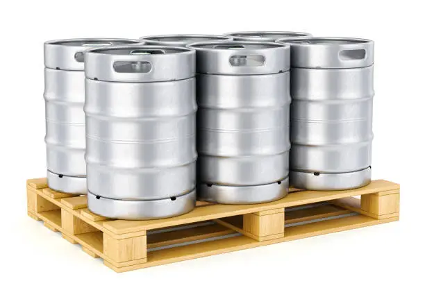 Group of aluminum beer kegs on wood pallet isolated on white background. 3D illustration