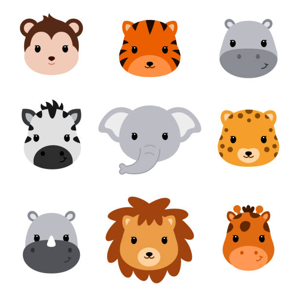 ilustraciones, imágenes clip art, dibujos animados e iconos de stock de animales de safari cute de ducha de bebé. conjunto de 9 cabezas de animales. - cartoon giraffe young animal africa