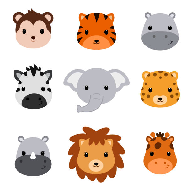 シャワーかわいいサファリ動物の赤ちゃん。9 動物�の頭のセットです。 - animal cartoon zoo safari点のイラスト素材／クリップアート素材／マンガ素材／アイコン素材