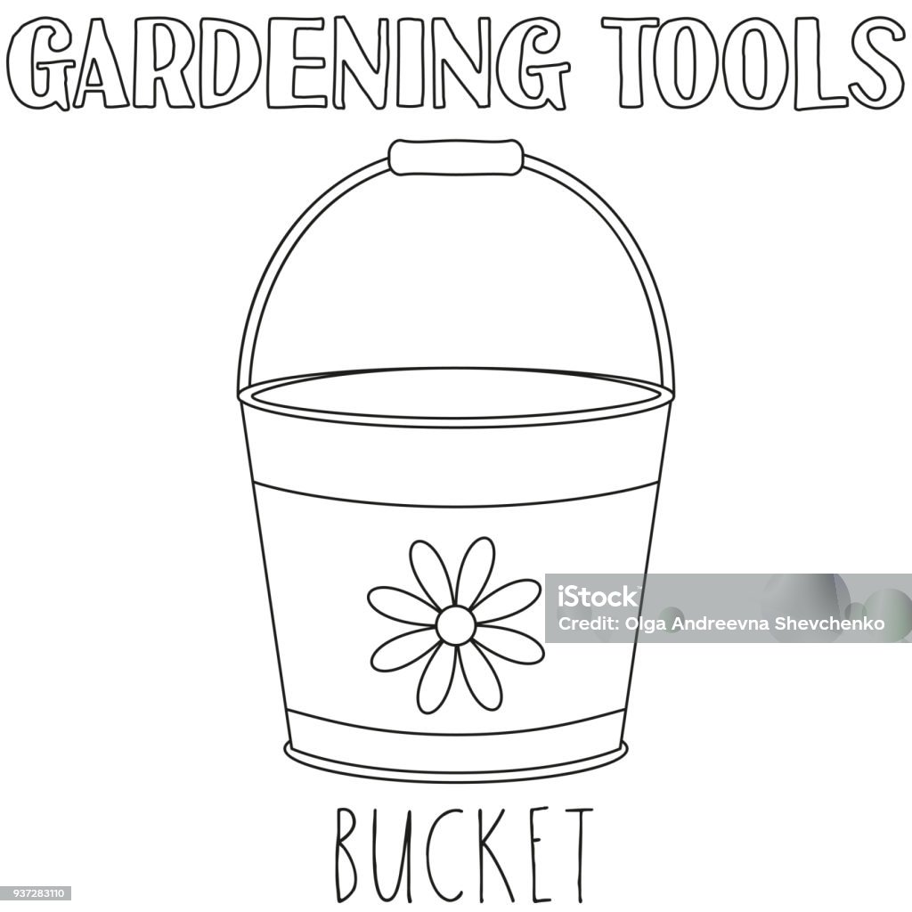 Line art black and white bucket. Line art black and white bucket. Coloring book page for adults and kids. Garden tool vector illustration for gift card certificate sticker, badge, sign, stamp, symbol, label, icon, poster, banner Appliance stock vector