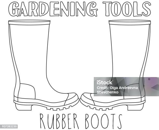 Line Art Black And White Rubber Boots Stock Illustration - Download Image Now - Black Color, Boot, Rubber - Material