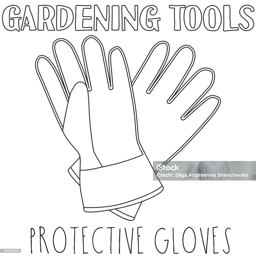 Line art black and white protective gloves. Line art black and white protective gloves. Coloring book page for adults and kids. Garden tool vector illustration for gift card certificate sticker, sign, stamp, symbol, label, icon, poster, banner Coloring Book Page - Illlustration Technique stock vector